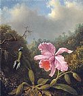 Martin Johnson Heade Famous Paintings - Fighting Hummingbirds with Pink Orchid